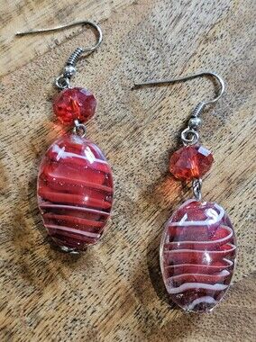 Red & White Glass Lampwork Bead Dangle Earrings